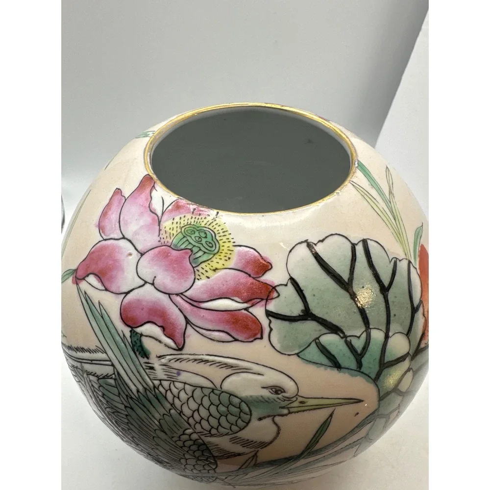 Vintage Porcelain Vase Oriental Bird Lotus Floral Design Macau Decor